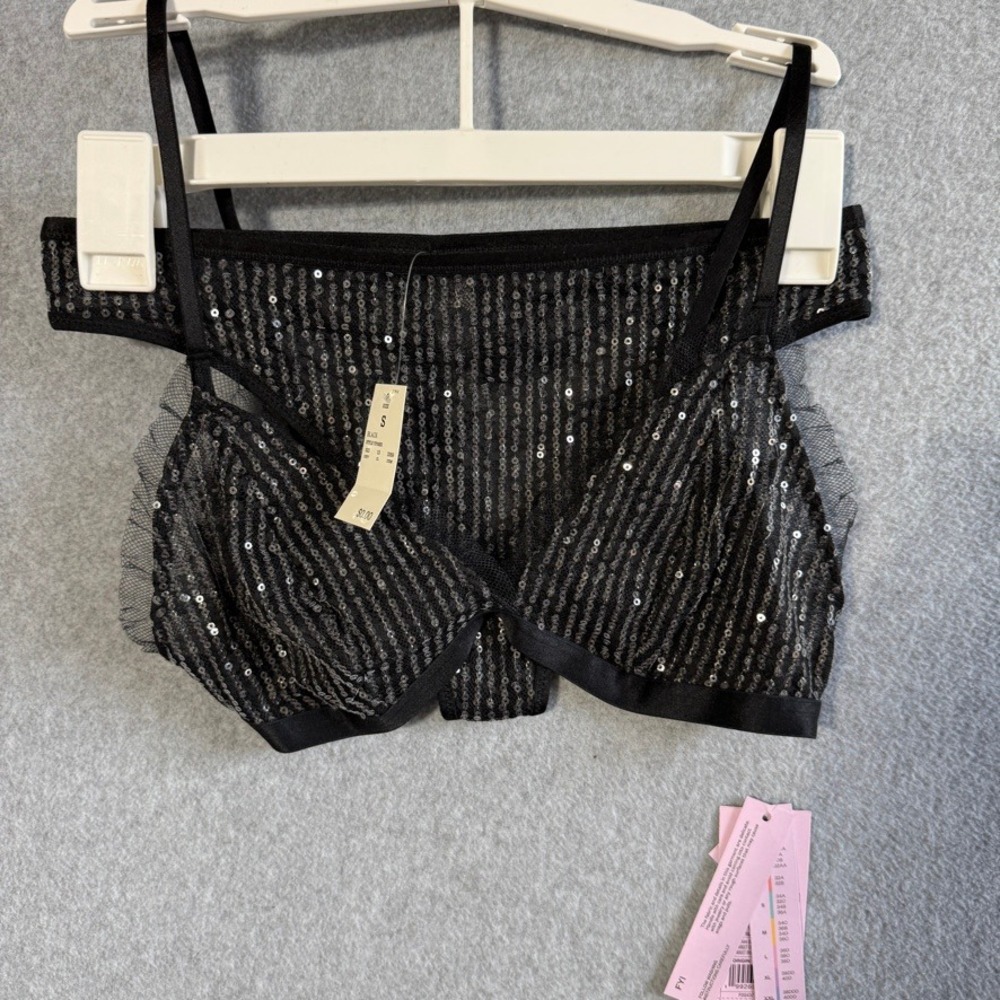 Wild Fable Sequin Lingerie Set Party S Black NWT Triangle Bralette Bikini Panty